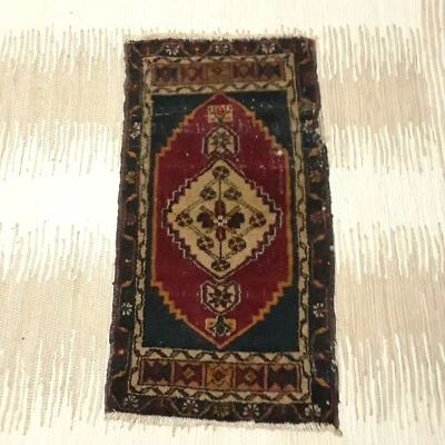 Floor Doormat Wool Turkey Area Rug 1.5 x 3 ft Vintage Distressed Maroon Red Blue - Image 1 of 4