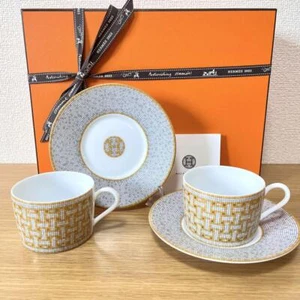 HERMES Mosaique Au 24 Tea Cup Saucer Tableware 2 set Gold - Picture 1 of 9