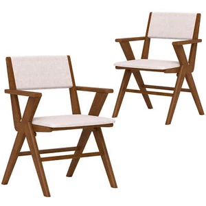 Wooden Dining Chair Set of 2 w/ Rubber Wood Frame Padded Seat & Back Armrests - Picture 1 of 9