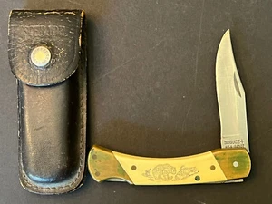 Vintage Schrade Scrimshaw USA Grizzly Bear+Fish Large Lockback Knife w/Sheath - Picture 1 of 12