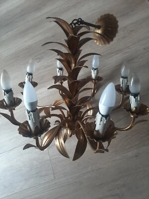 ANCIEN LUSTRE PLAFONNIER EN FER PEINT EN DORÉ DÉCORÉ DE FEUILLES-N°A2 - Photo 1/4