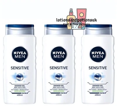 NIVEA MEN 3 x Nivea SENSITIVE Skin Mens Shower Gel Body, Face and Hair 400ML