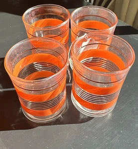 Set of Four Vintage Libbey Striped Orange Black Juice Glasses 3-3/4" Retro MCM - Picture 1 of 5