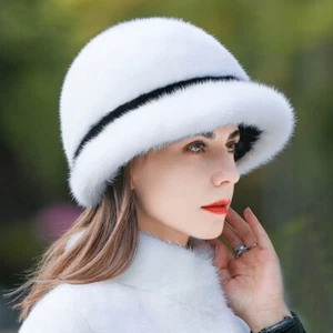 Women's Real Mink Fur Hat Whole Full Mink Fur Top Hat Warm Luxury Bucket Hat Cap - Picture 1 of 8