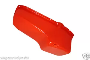 Painted orange Chevy Small Block Oil Pan with Baffle V8 305 327 350 400 stock - Picture 1 of 1