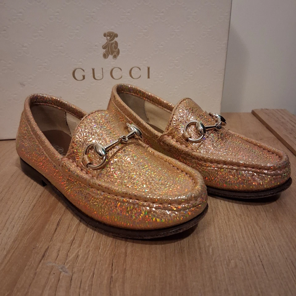 Мокасины Gucci детские лосось розовые треснувшие металлик кожа Horsebit 340742 5702 - Изображение 1 из 4