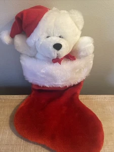 Vintage Teddybär Weihnachten 3D-dimensionaler Strumpf rot Nikolausmütze klein 10 Zoll - Bild 1 von 6