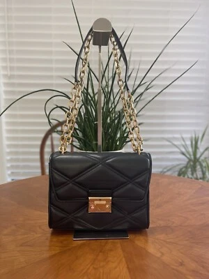 MICHAEL KORS SERENA MD FLAP CHAIN SHOULDER CROSSBODY QUILTED BAG BLACK/GOLD - Image 1 of 4