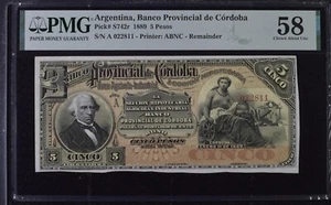 ARGENTINA BANCO PROVINCIAL DE CORDOBA P#S742r 5 PESOS 1889 PMG 58 - Picture 1 of 2