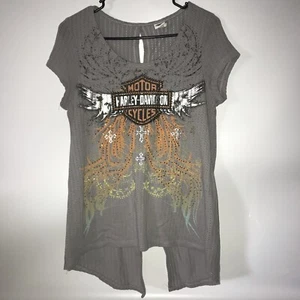 Harley Davidson Womens Open Back Short Sleeve Grey Shirt Size Large  - Picture 1 of 5