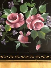 Tray Toleware Handpainted Pilgrim Art Roses Violets Black Large #148