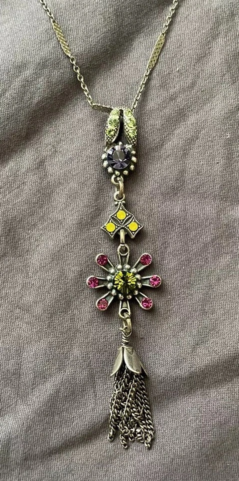 "Colgante de piedra rosa/púrpura/amarillo/verde Mariana en montura de plata de 3""/cadena de 30""" Foto 1 de 4