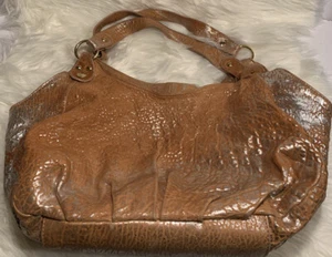CYNTHIA ROWLEY Large Tan & Silver Splash Italian Pebbled Leather Hobo Tote Purse - Picture 1 of 9