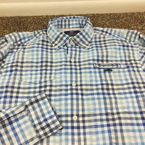 Vineyard Vines Shirt Vented Fishing Gingham Checked LS Button Blue Mens Medium - Picture 1 of 10