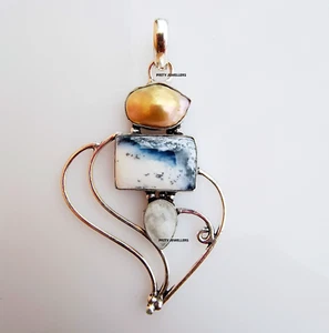 Dendritic Opal With Pearl & Rainbow Moonstone Silver Plated Handmade Pendant - Picture 1 of 4