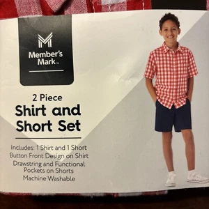 Member’s Mark 2 Piece Shirt & Short Set Boys Kids Red Plaid Button Front 14/16 - Picture 1 of 3