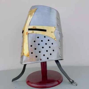 Elmetto Crociato Templare Cavaliere Medievale Armatura Acciaio Cosplay Rievocazione LARP - Foto 1 di 6
