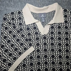 H&M Regular Fit Sweater Polo Men’s L Beige Black Jacquard Cotton Short Sleeve - Picture 1 of 8