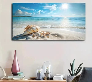 Turquoise Ocean, Seashells & Rays Unframed Canvas Painting for Living - Picture 1 of 6