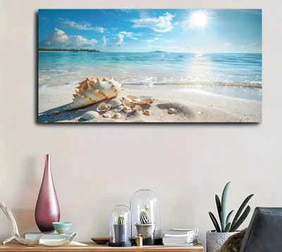 Turquoise Ocean, Seashells & Rays Unframed Canvas Painting for Living - Image 1 of 4