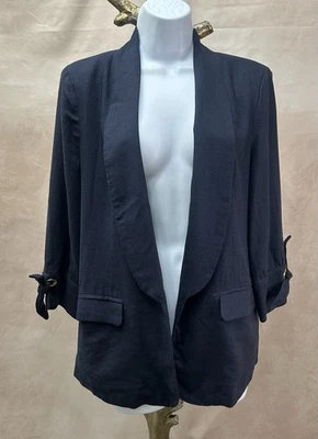 Ellen Tracy Navy Blue Linen Blend 3/4 Sleeve Gold Grommet Tie Cuff Blazer Size M - Image 1 of 4