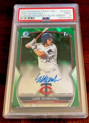 LUKE KEASCHALL 2023 BOWMAN DRAFT SAPPHIRE ED CHROME 1st AUTO GREEN #29/99 PSA 9 - Image 1 of 2