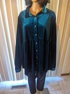 Umgee Top XL Velvet Tunic Dark Teal Button Up Stretch Knit Velour Shirt - Picture 1 of 4