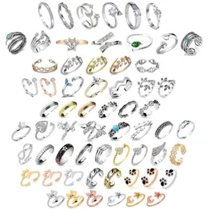 Adjustable Ring - Womens Ladies Girls, Resizable Open Band Diamante Toe Finger - Picture 1 of 91