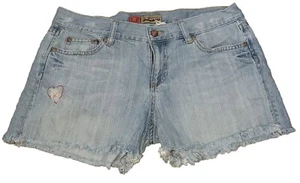 Y2K Old Navy Ultra Low Waist Denim Cutoff Distress Jean Shorts Womens 10 Heart - Picture 1 of 8