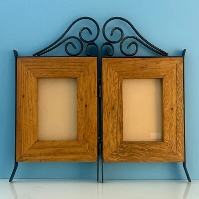 Vintage Double Photo Frame - Oak Wood with Black Metal Stand, Fits 3.5" x 5.5" - Image 1 of 4