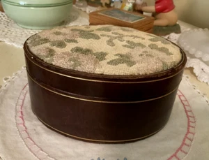 Vintage Leather Keepsake Oval Box With Embroidered Top By London Harness Company - Picture 1 of 14