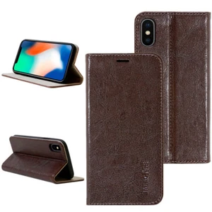 Luxus Leder Schutzhülle für Apple iPhone XS Smartphone Tasche Case Cover braun - Picture 1 of 12