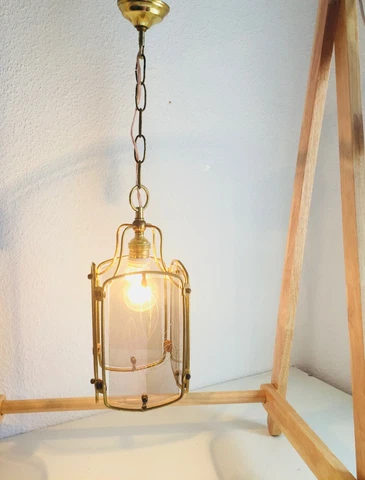 24" Vintage Brass Spanish Lantern Light, 4 Etched Glass Panels LEAF Motif Cover