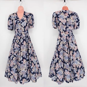 Vestido midi de té vintage Laura Ashley azul marino floral de algodón Reino Unido manga abullonada 10 - Imagen 1 de 10