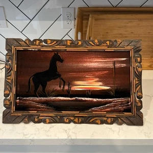 Vintage Echo en Mexico made in Mexico horse sunset cactus velvet framed painting - Picture 1 of 9
