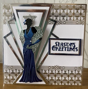 Tarjeta de Navidad hecha a mano con temática de dama bonita Art Deco de 6"x6" - azul y plata - Imagen 1 de 4