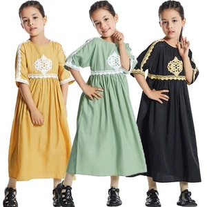 Muslim Modest Kids Short Sleeve Kaftan Islamic Girls Long Dress Dubai Abaya Robe - Picture 1 of 47