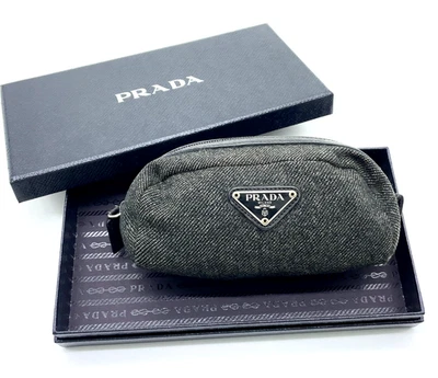 Authentic PRADA Tweed Wool Black Leather Pouch With Box i111329 - Image 1 of 4