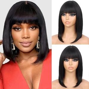 NEW Women's Full Bangs Black short Straight Wigs Bob Natural Hair Full Wigs US - Picture 1 of 13