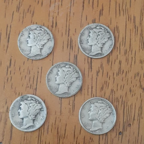 [Lot of 5] Mercury Dimes.90% Silver. 1936P & 1937P Free Shipping Cover
