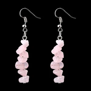 Bohemian Handmade Pink Rose Quartz Crystal Natural Stone Beaded Earrings NEW - Picture 1 of 3