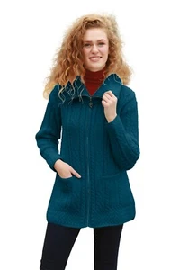 Cable Knit Cardigan Irish Coatigan Merino Wool Zip Sweater with Pockets Blue - Picture 1 of 2