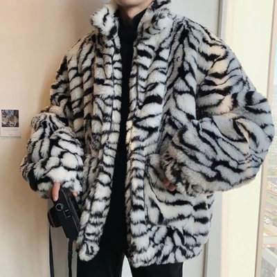 Retro Baggy Mens Faux Fur Tiger Pattern Coat Fashion Loose Warm Jacket Hairy - Image 1 of 4