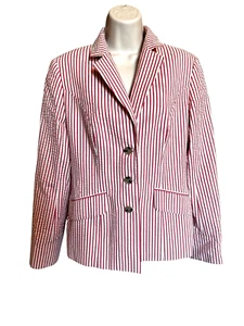 J. Peterman Women's Blazer Size 8 Red Cream Seersucker Striped Cotton Preppy - Picture 1 of 9