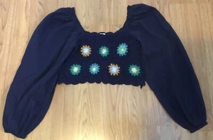 Aerie Crochet Floral Vacay Puff Sleeve Crop Top Womens Size Small Navy - Picture 1 of 6