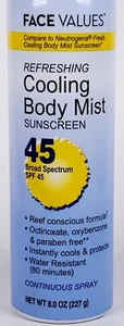 Face Values Cooling Body Mist Sun Screen Block Spray 45 SPF 8 Oz Cool Beach - Picture 1 of 8