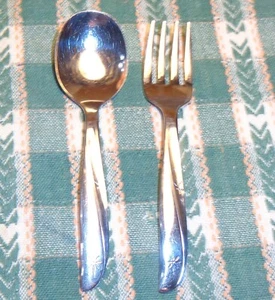 CUCCHIAIO E FORCHETTA VINTAGE MCM ONEIDA COMMUNITY ACCIAIO INOX DOPPIA STELLA BAMBINO 4-3/8" - Foto 1 di 3