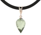14K. SOLID GOLD & LEATHER NECKLACE WITH DIAMOND & BRIOLETTE DROP GREEN AMETHYST