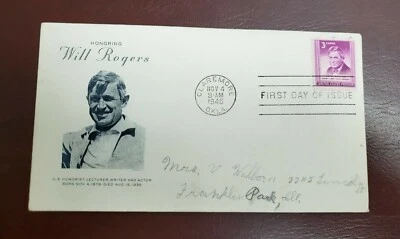 WILL ROGERS #975 US FIRST DAY COVER 1948 UNKNOWN CACHET FDC - Image 1 of 2