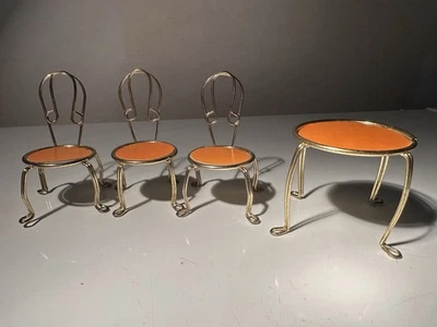 Miniature Dollhouse Table and Chairs Gold Metal Furniture Set - Image 1 of 4
